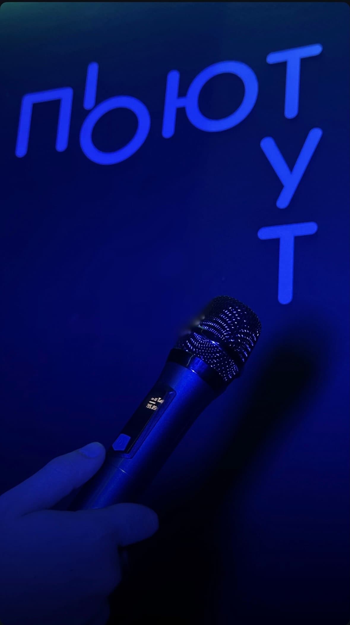 Микрофон и неоновая вывеска «ПЬЮТ ТУТ» в Nexx.by — каракоке зона